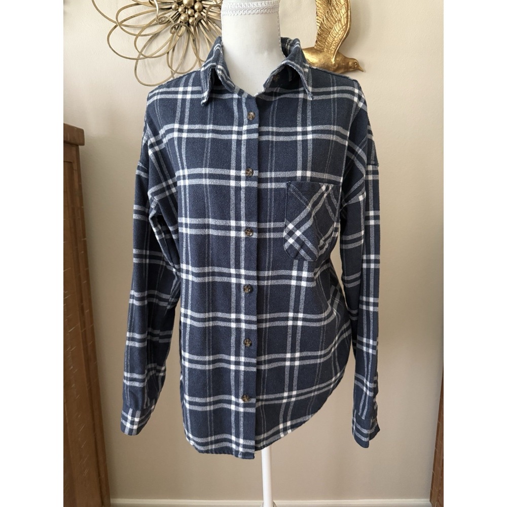 Brandy Melville Navy Blue Plaid Flannel Button Down Shirt Oversized One Size